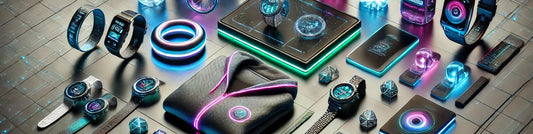 Escena futurista con regalos promocionales tecnológicos y logotipos luminosos en ambiente espacial.
