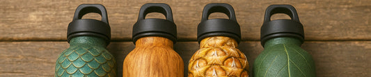 Imagen de botellas de agua con fabricadas con escamas, madera, hojas y piña relacionadas con un blog de regalo promocional