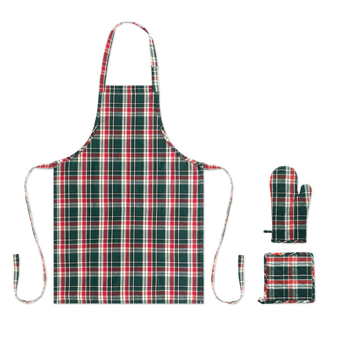 SANTAPRON - Set cocina algodón a cuadros con delantal, manopla y guante de cocina a cuadros en colores rojo y verde.
