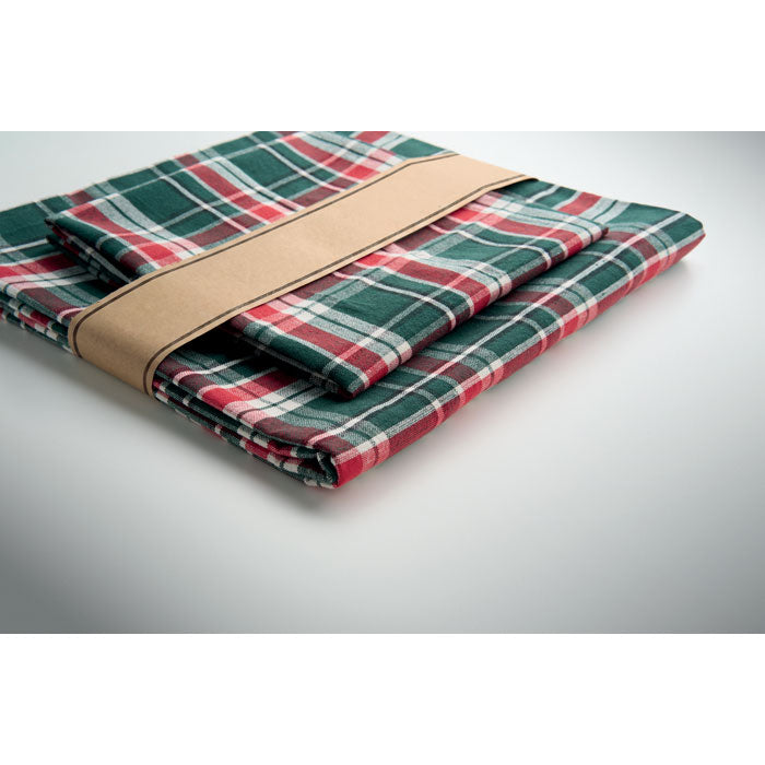 SANTABLE - Set manteles algodón con mantel a cuadros y servilletas envueltas en cinta de papel kraft.
