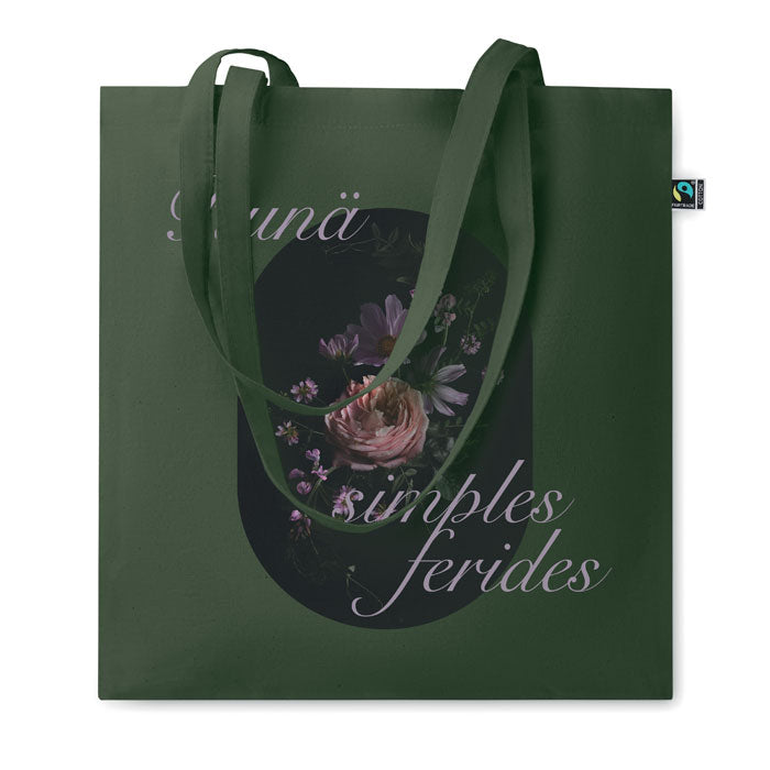 Bolsa OSOLE COLOUR verde oscuro con diseño floral y texto, hecha de algodón de comercio justo. Ideal como bolsa de regalo personalizada.