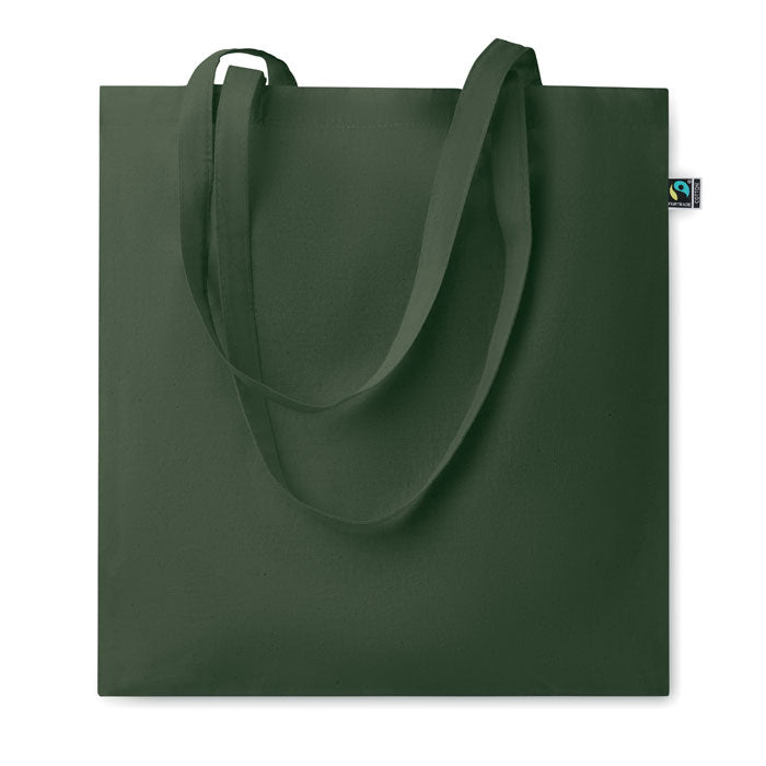 OSOLE COLOUR - Bolsa de algodón de comercio justo con asas largas en color verde oscuro, ideal para ferias, tiendas y regalos sostenibles.