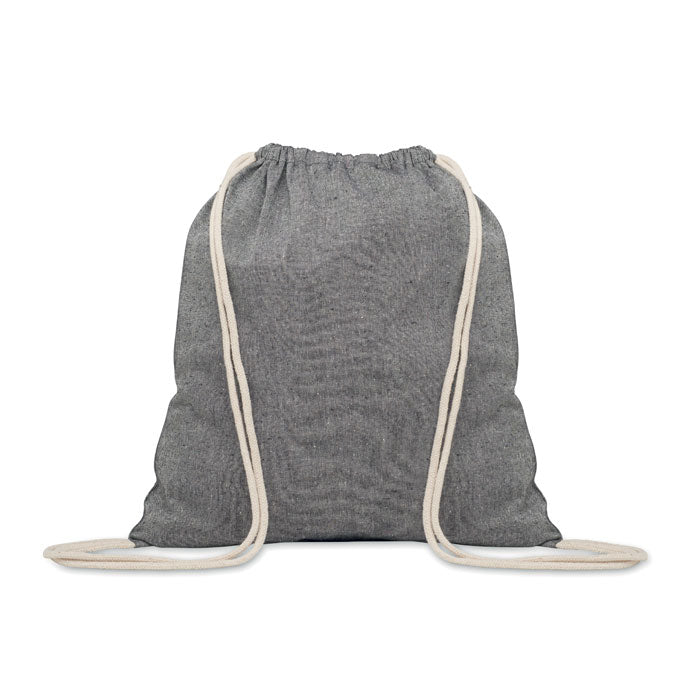 MUJIKA - Bolsa de algodón reciclado 140 gr. ecológica en color gris oscuro con cuerdas blancas, ideal como mochila promocional sostenible.