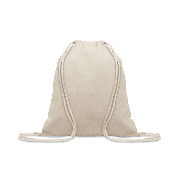 Vista plana de la MUJIKA - Bolsa de algodón reciclado 140 gr. ecológica en beige, mostrando su forma cuadrada y asas de cuerda cruzadas.