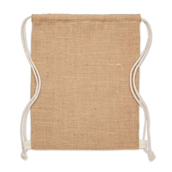 Vista trasera de la FUKURO - Bolsa de cuerdas yute resistente y sostenible con cordones blancos, perfecta para uso diario o promocional.