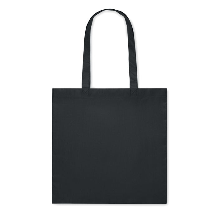 Bolsa KAIMANI negra de RPET no tejido 80 gr/m² con asas largas, perfecta para personalizar con tu marca en campañas sostenibles.