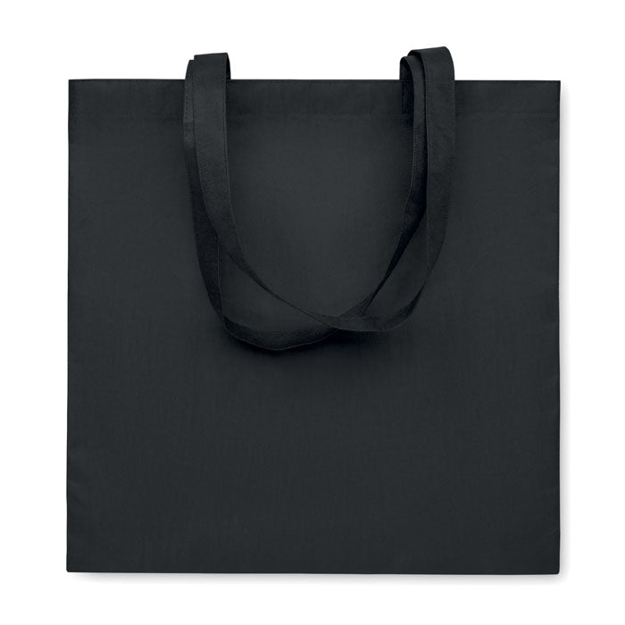 KAIMANI - Bolsa non woven RPET 80 gr/m2 asas largas en color negro, ideal como bolsa de tela ecológica para compras o eventos promocionales.