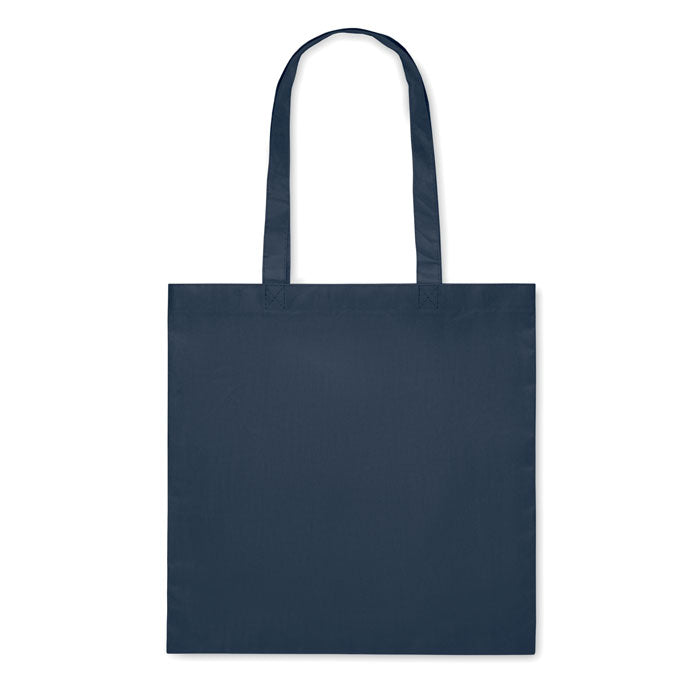 Bolsa de tela azul marino KAIMANI con asas largas, fabricada en RPET 80 gr/m², ideal para compras o ferias ecológicas.