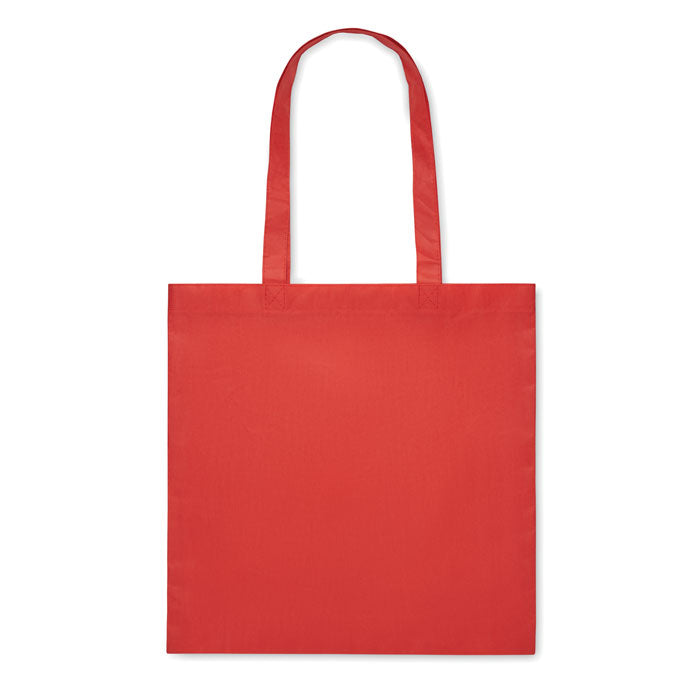 Bolsa de compras roja KAIMANI con asas largas, hecha de RPET 80 gr/m², ideal para personalización en campañas publicitarias.