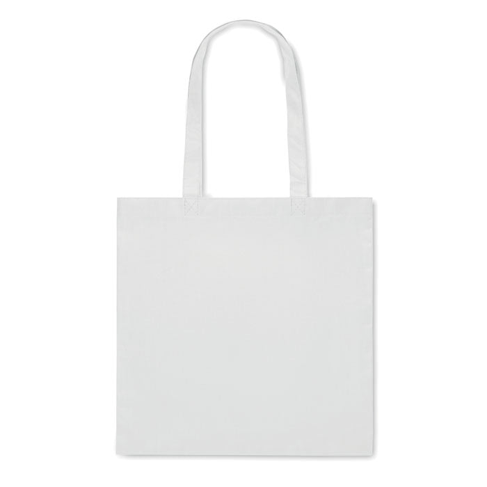 Bolsa blanca KAIMANI de RPET 80 gr/m² con asas largas, perfecta para ferias, compras o promociones sostenibles personalizadas.