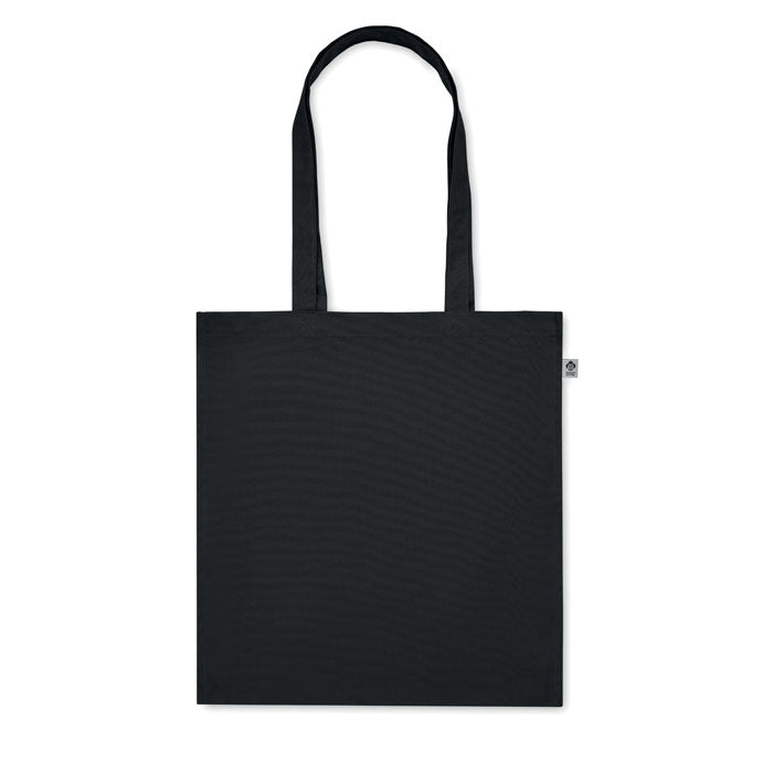 Bolsa negra BENTE COLOUR de algodón orgánico 220 gr/m², diseño plano con asas largas, perfecta como bolsa regalo sostenible.