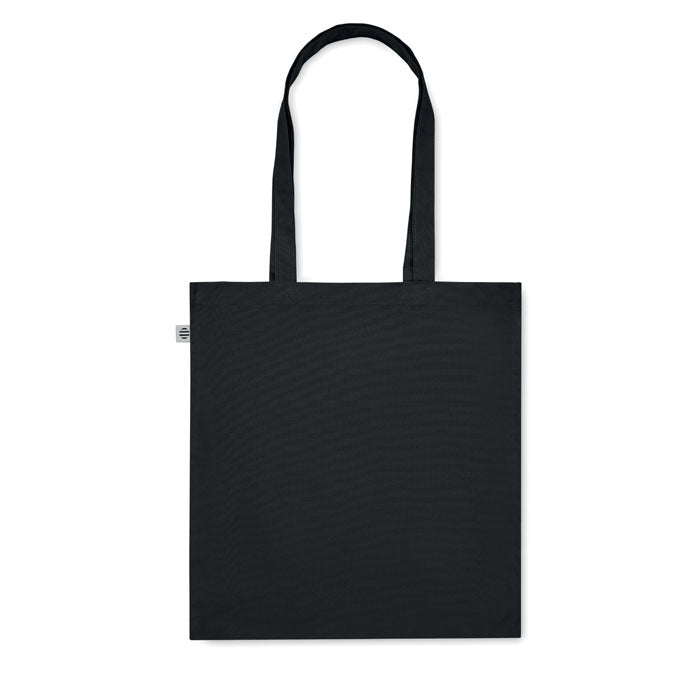 Bolsa de algodón orgánico BENTE COLOUR negra con asas largas, ideal para compras sostenibles o como bolsa de playa ecológica.