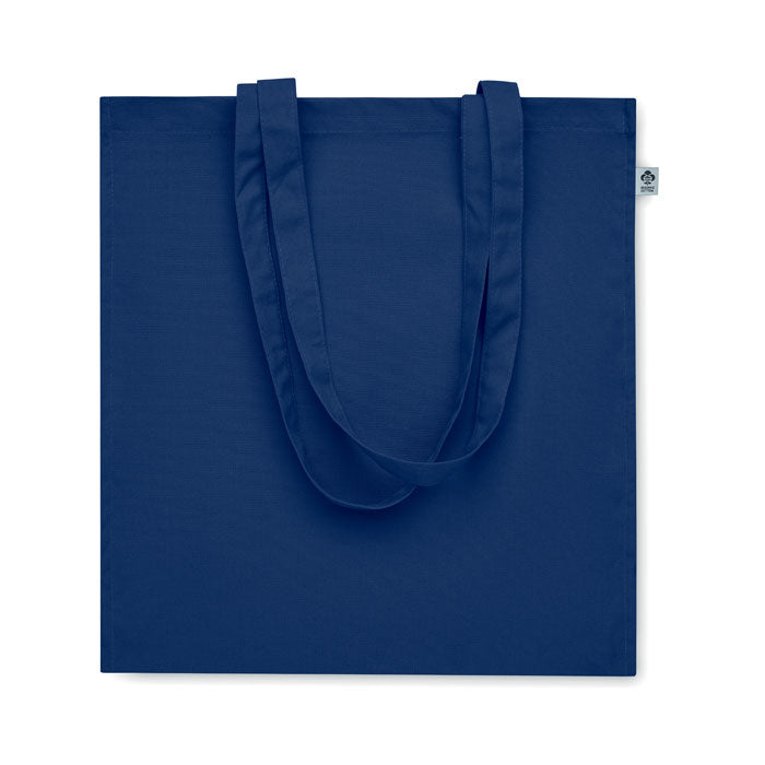 Vista trasera de la bolsa azul marino BENTE COLOUR con asas largas, perfecta como bolsa de tela ecológica para uso diario.