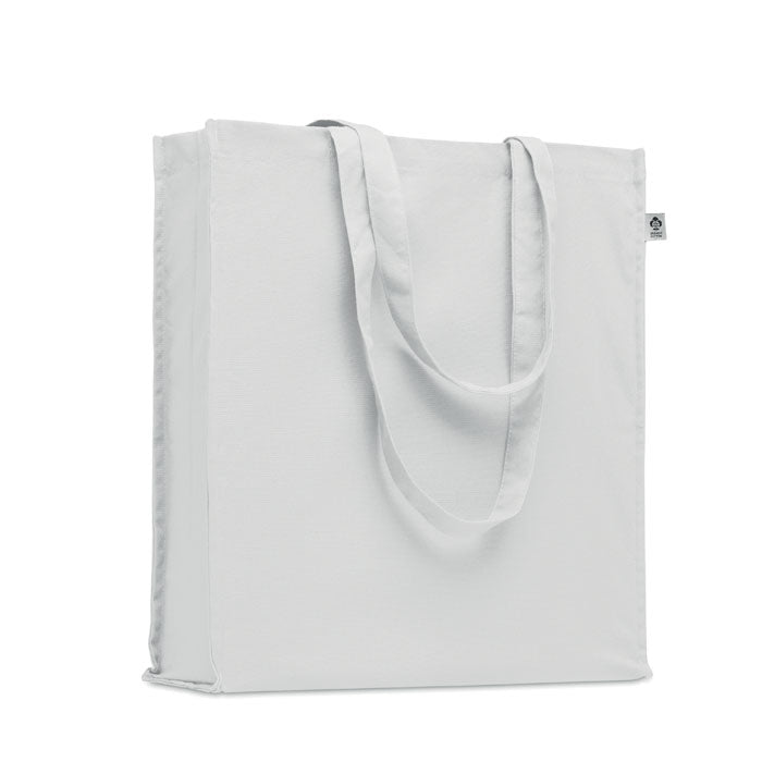 Bolsa blanca BENTE COLOUR de algodón orgánico 220 gr con asas largas y fuelle, ideal para personalización y regalos sostenibles.