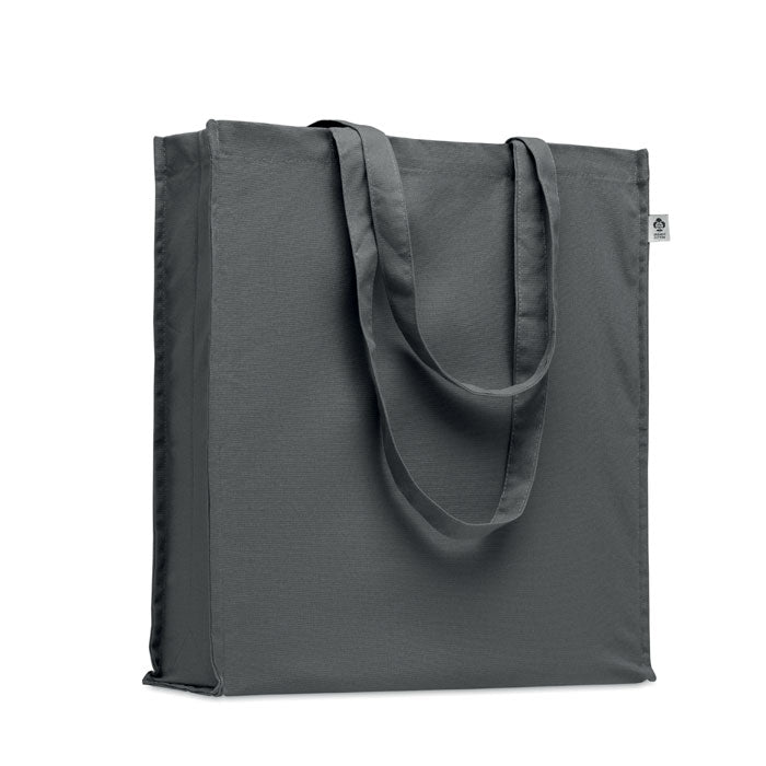 Bolsa gris BENTE COLOUR de algodón orgánico 220 gr con asas largas y fuelle, perfecta como bolsa de tela ecológica para uso diario.