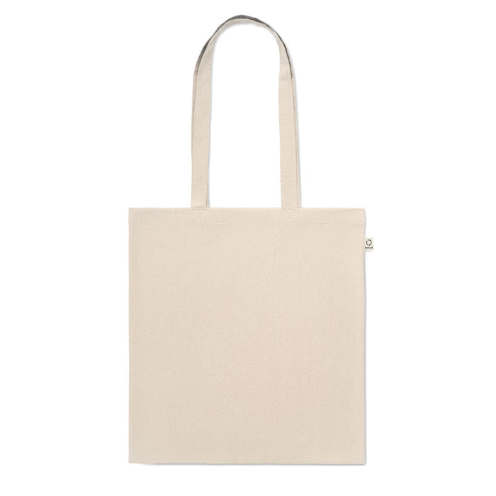 Bolsa ecológica VIVEKA de algodón reciclado pre-consumo con asas largas, perfecta como tote bag reutilizable para uso diario o promocional.