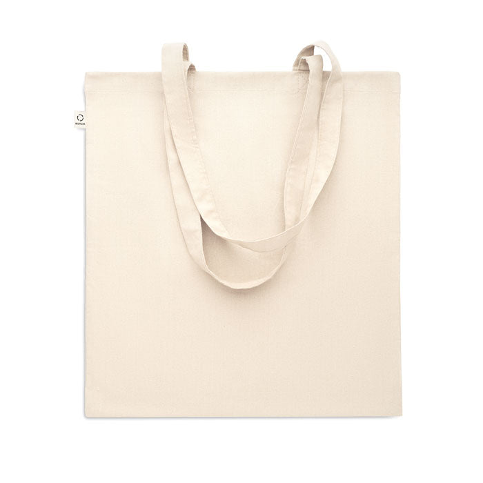 Bolsa de algodón reciclado VIVEKA en tono beige claro, ecológica y personalizable, ideal para campañas publicitarias o uso cotidiano.