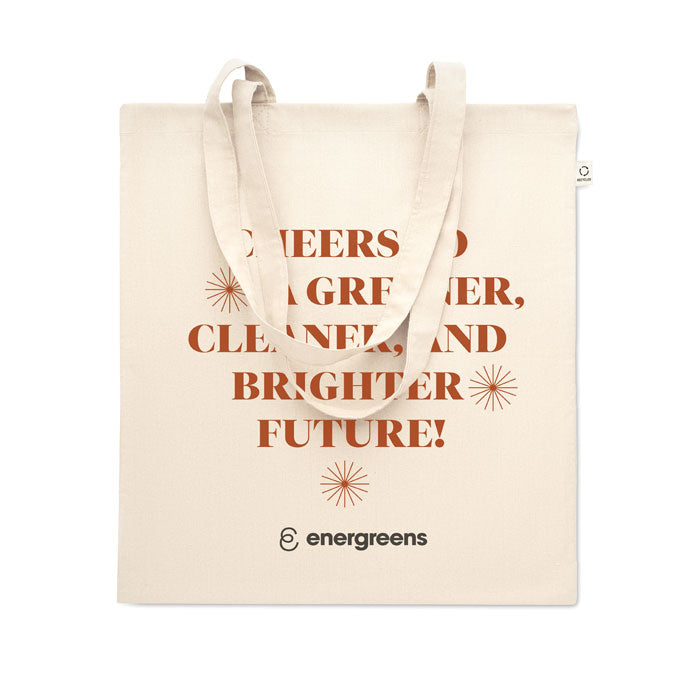 Bolsa personalizada VIVEKA con mensaje ecológico impreso, hecha de algodón reciclado pre-consumo, perfecta para marcas sostenibles y eventos verdes.