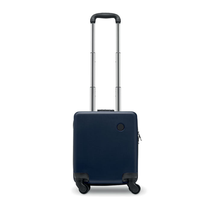 Maleta trolley de 14 pulgadas en color azul marino con ruedas, asas retráctiles y acabado rígido, vista frontal.