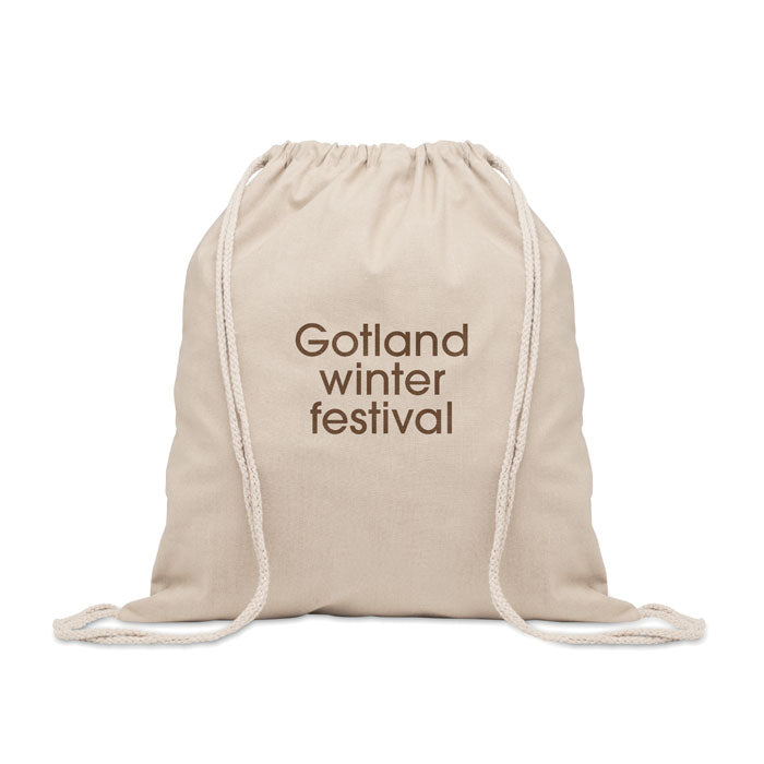Bolsa de cuerdas CABETRI personalizada con texto 'Gotland winter festival', fabricada en algodón reciclado ideal para eventos sostenibles.