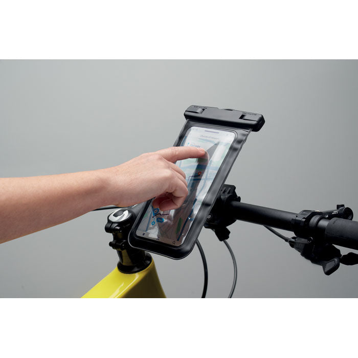 SOSTENER - Funda de móvil para bicicleta mostrando un teléfono en un soporte en el manillar de una bicicleta.