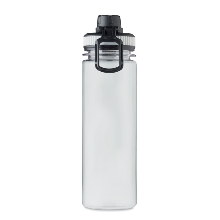 Vista frontal de una botella transparente de RPET de 750 ml con tapa de PP, ideal para bebidas no gaseosas.