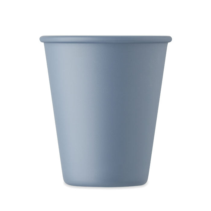 Vaso reutilizable de pared simple en color azul, fabricado en PLA de maíz, con diseño elegante.
