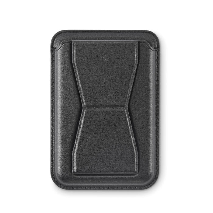 Tarjetero magnético polipiel en color negro, diseño elegante y funcional para teléfonos compatibles con carga inalámbrica.