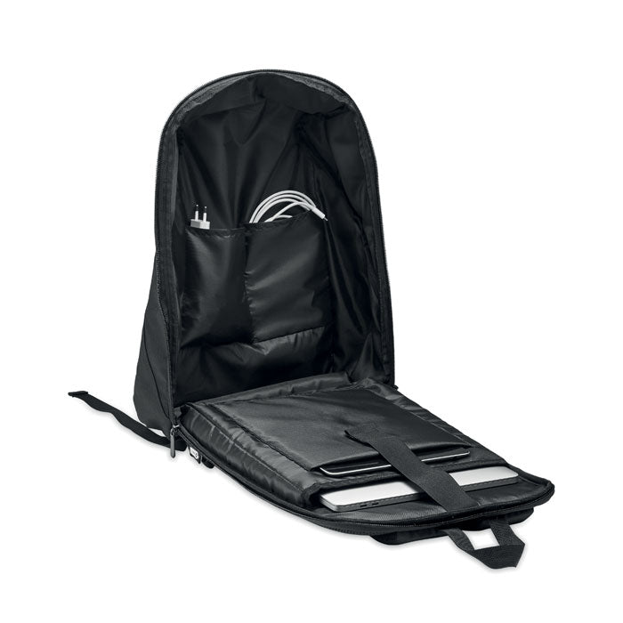 Interior de mochila negra con compartimentos acolchados y dos laptops, ideal para transporte seguro de dispositivos. ARLON - Mochila para portátil de 15".