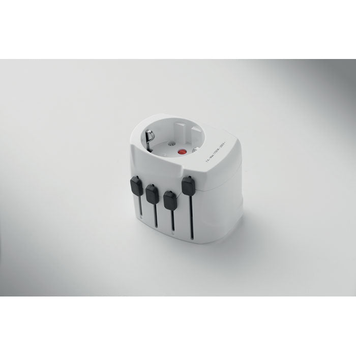 Vista lateral del adaptador universal SKROSS® PRO 3-POLE en color blanco con tres conectores ajustables.