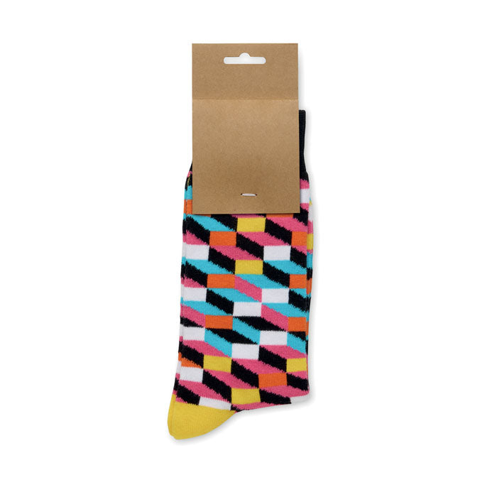 FUNNY M - Calcetines estampados alegres con diseños coloridos y etiqueta de papel kraft.