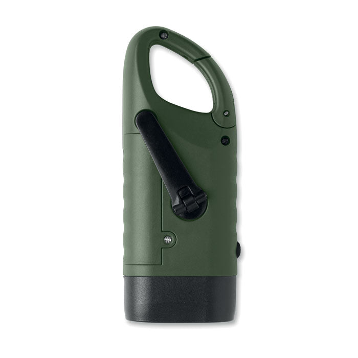 CRANCH - Linterna solar dinamo de color verde, con manivela para carga manual y diseño compacto.