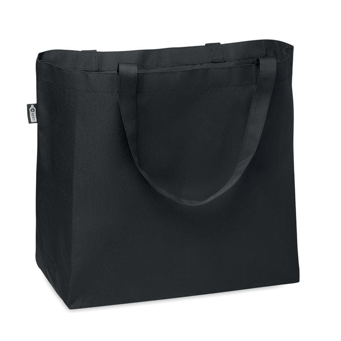 FAMA - Bolsa de compra de 600D RPET con asas largas en color negro, ideal para compras sostenibles y promociones ecológicas.