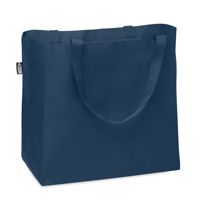 FAMA - Bolsa de compra de 600D RPET azul marino con asas largas, opción ecológica para compras o playa en la categoría de shopping totes.