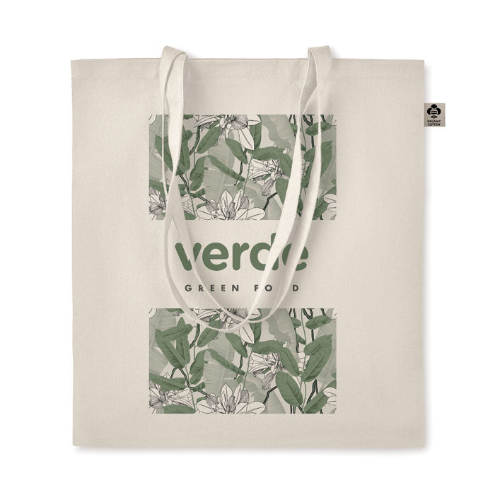 ZIMDE - Bolsa de compra de algodón orgánico personalizada con diseño floral y logo 'verde', ideal para marcas eco-friendly.