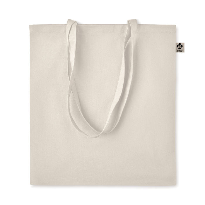 ZIMDE - Bolsa de compra de algodón orgánico con asas largas en color natural, ideal para compras sostenibles y reutilizables.