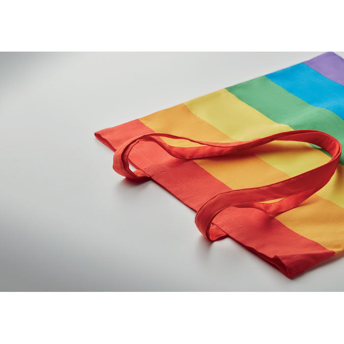 Detalle de la bolsa BOREALIS de algodón Rainbow de 200 gr/m². Asas largas resistentes y colores vivos para uso diario o promocional.