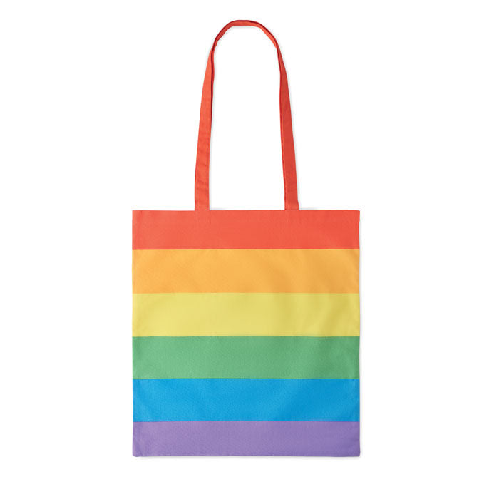 Bolsa de algodón BOREALIS con franjas arcoíris y asas largas. Perfecta como tote bag sostenible para compras o promociones.