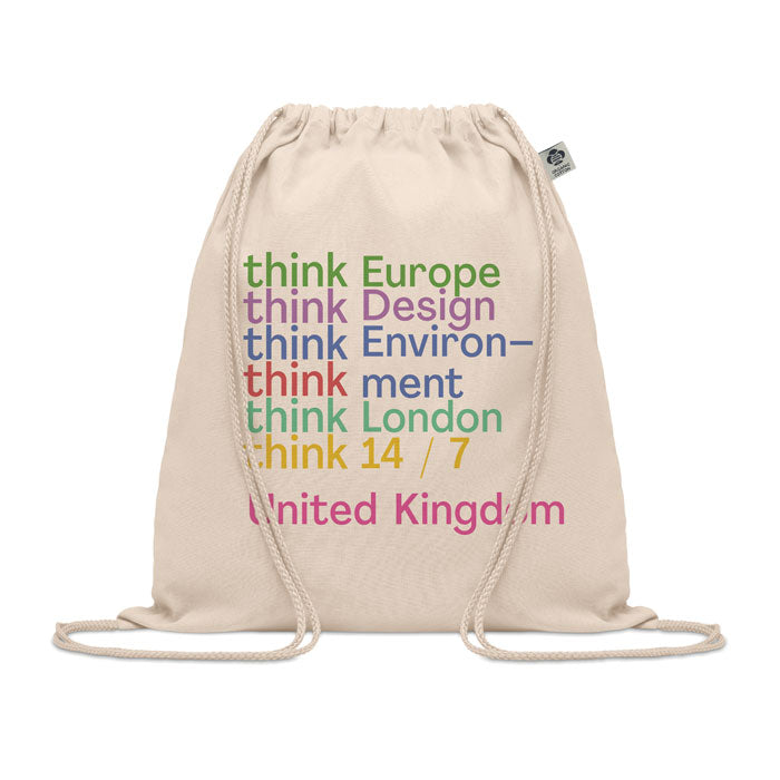 Bolsa YUKI de algodón orgánico personalizada con diseño colorido, perfecta para eventos ecológicos o merchandising responsable.