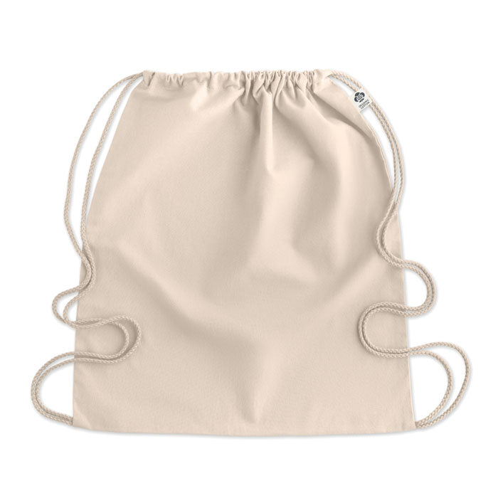 Bolsa ecológica YUKI con cuerdas ajustables, fabricada en algodón orgánico 140 gr/m², ideal para uso diario y promociones sostenibles.