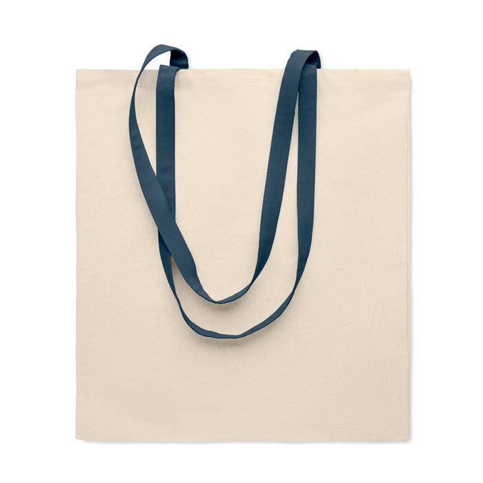 ZEVRA - Bolsa de algodón 140 gr/m² con asas largas azul marino. Bolsa ecológica ideal para compras o eventos promocionales.