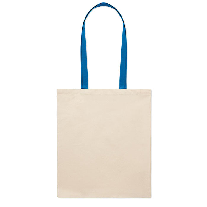 Vista trasera de la bolsa ZEVRA con asas largas azules. Bolsa tote ecológica de algodón para uso promocional o personal.