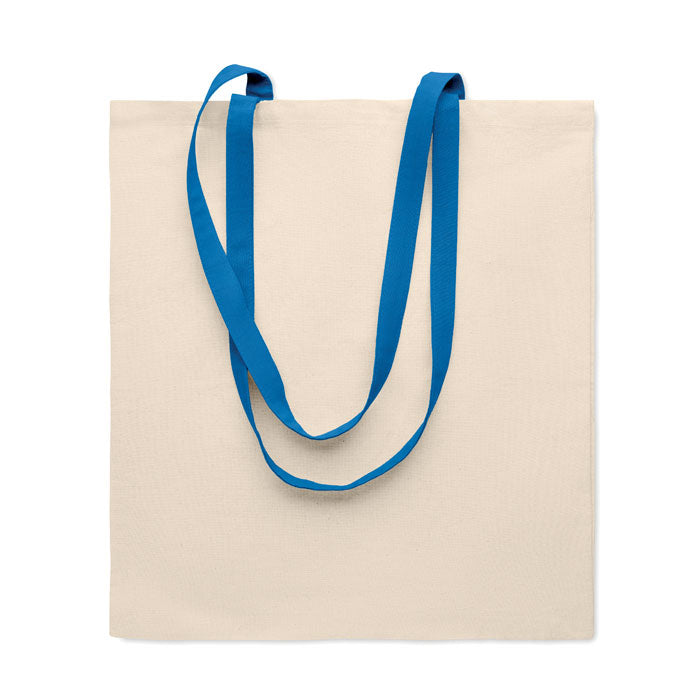ZEVRA - Bolsa de algodón 140 gr/m² con asas largas azules. Ideal para compras sostenibles y merchandising ecológico.