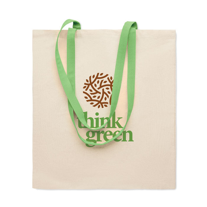 ZEVRA - Bolsa de algodón 140 gr/m² con asas verdes y diseño 'think green'. Ideal para campañas ecológicas y promoción sostenible.
