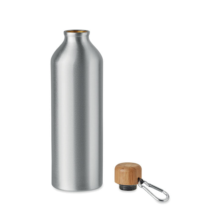 Botella de aluminio de 800 ml con tapa de bambú y mosquetón