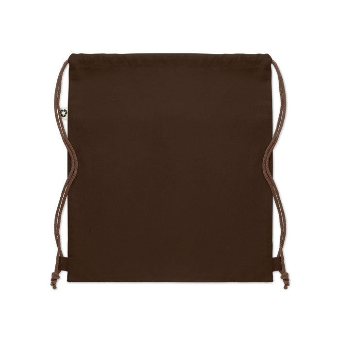 Parte trasera de la PANDA BAG marrón oscuro, bolsa de tela reciclada con cuerdas ajustables, ideal para regalos sostenibles.