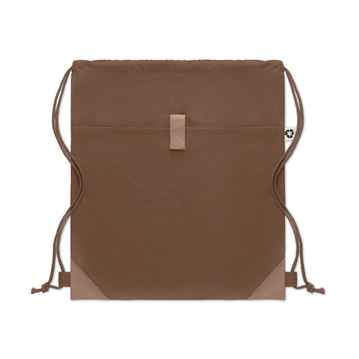 Vista trasera de la PANDA BAG marrón claro con bolsillo exterior, perfecta para personalización y regalos corporativos sostenibles.
