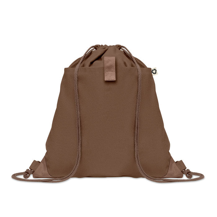 PANDA BAG marrón claro con cuerdas y detalles marrones, mochila ecológica de algodón reciclado ideal para eventos y promociones.