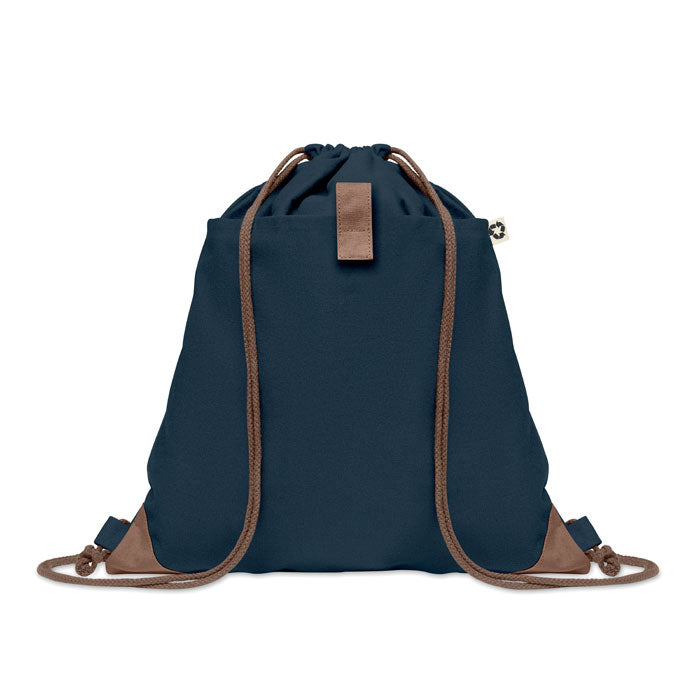 PANDA BAG azul marino con detalles marrones, mochila de algodón reciclado personalizable ideal para uso urbano o promocional.