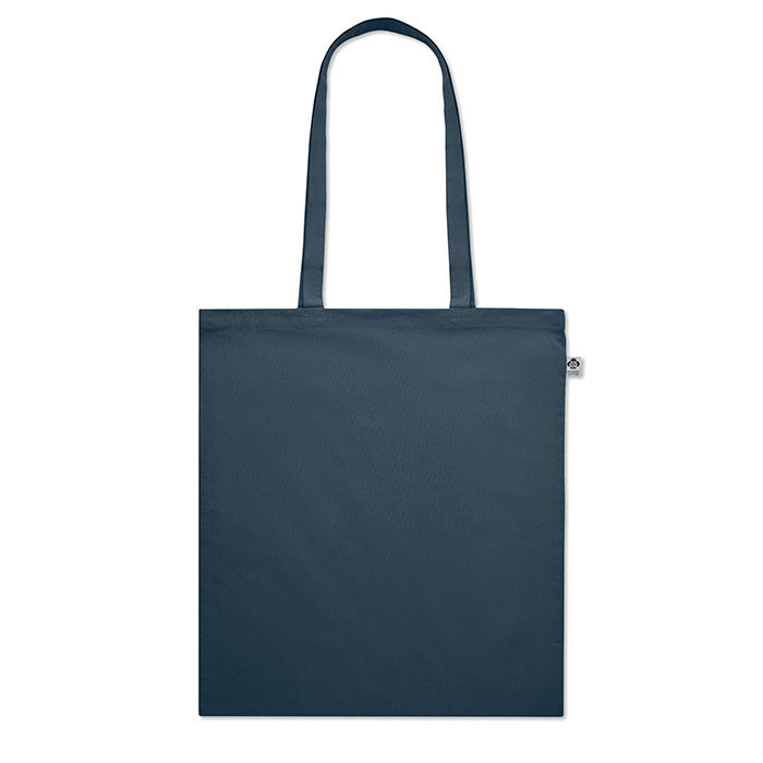 Bolsa de algodón orgánico en color azul oscuro con asas largas y diseño sencillo